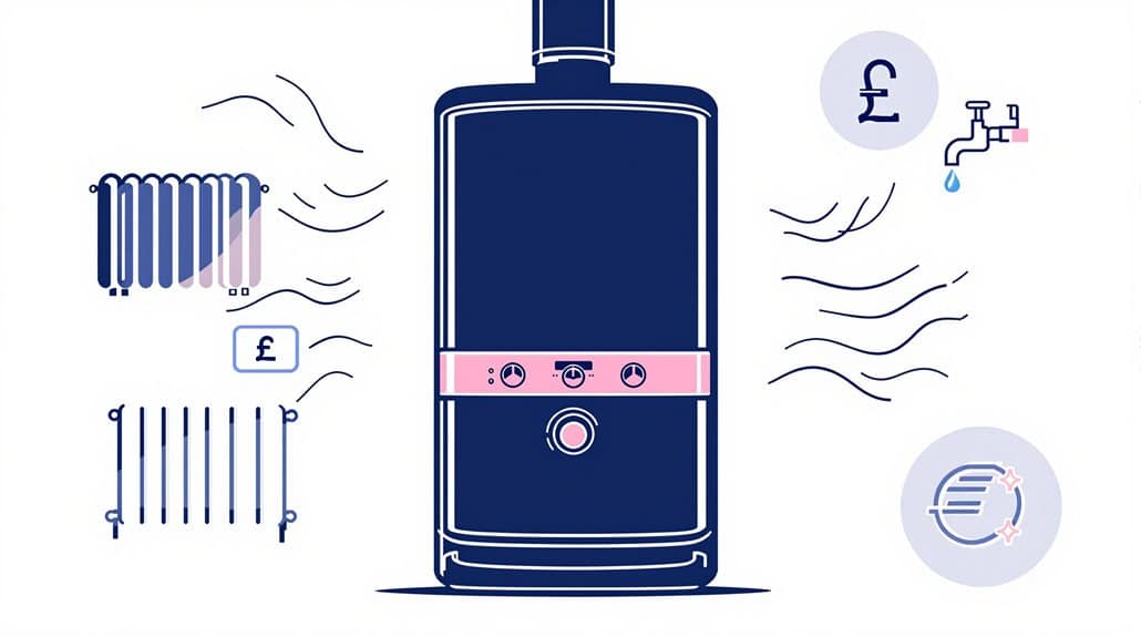 Illustration of an Alpha E-TEC Combi Boiler with symbols representing radiators, a pound sign, a dripping faucet, and a heating element, indicating heating, prices, water, and operation functions. Perfect for those seeking an insightful review on efficient home heating solutions.