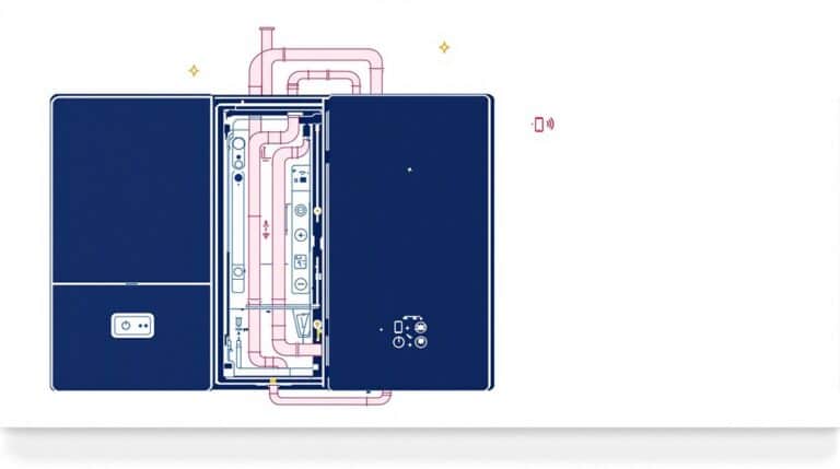 Illustration of an Ariston Alteas One+ combi boiler with open panels revealing internal piping and components, depicted in a minimalist style with dark blue and light pink colors.
