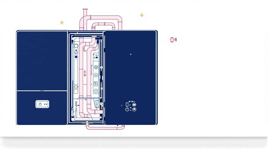 Illustration of an Ariston Alteas One+ combi boiler with open panels revealing internal piping and components, depicted in a minimalist style with dark blue and light pink colors.