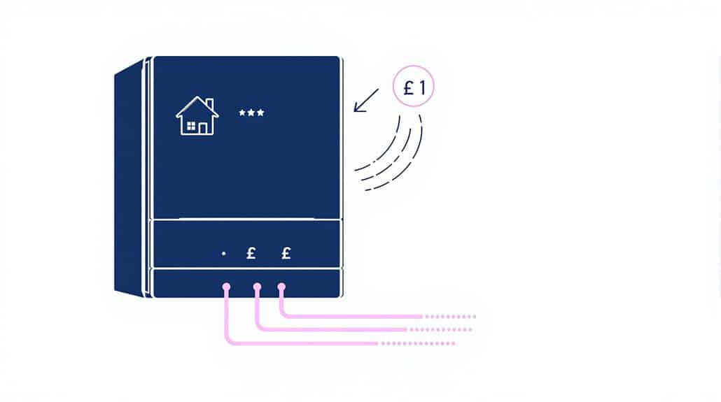 Illustration of an Ariston Clas One combi boiler with icons and pink lines, highlighting cost efficiency with a pound symbol and three stars.