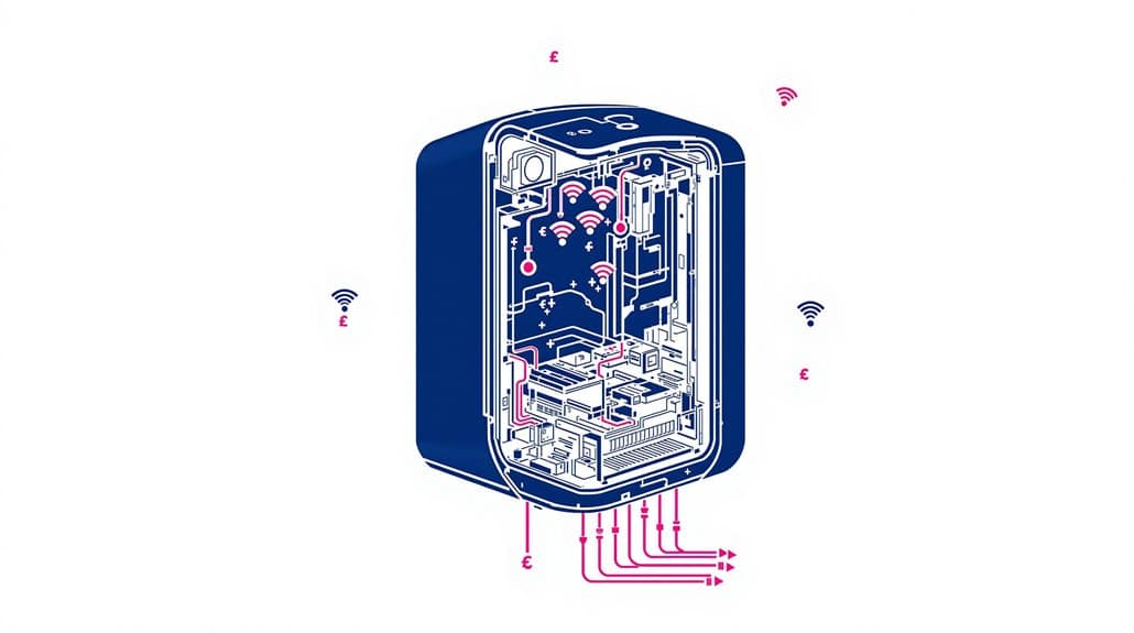 Diagram of an Ariston Genus One+ smart device displaying internal components, Wi-Fi signals, and currency symbols, illustrating connectivity and financial aspects. Perfect for those interested in WiFi Combi Boiler tech innovations and how reviews affect prices.