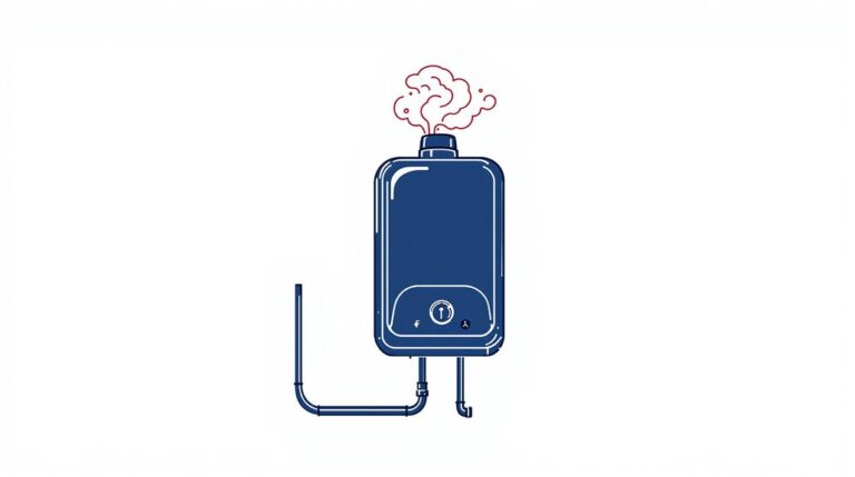 Illustration of a blue ATAG I39c Plus combi boiler with steam rising from the top and pipes connected at the bottom.