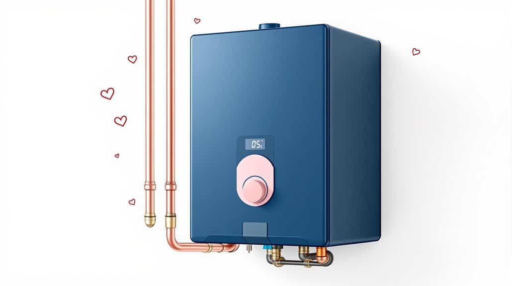 The sleek blue tankless water heater, resembling the efficient Baxi 400 Combi Boiler, features a pink dial and display. Mounted on the wall with copper pipes adorned by small heart icons, it has quickly become a favorite in customer reviews for both style and functionality.