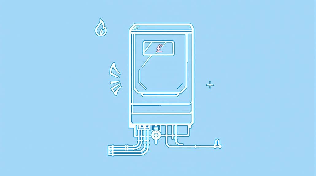 Illustration of a combi boiler with a pound symbol on its display. Pipes and a flame icon are visible, reflecting heating or energy context. Featuring the Baxi 800 model, it invites review for efficiency and performance.