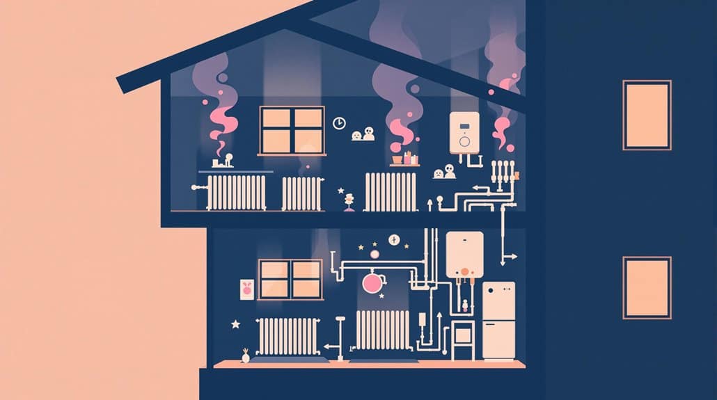 Illustration of a house interior showcasing heating and plumbing systems with pipes, radiators, water heater, and the best apartment boilers. Depicted in a cutaway view with stylized steam and components.