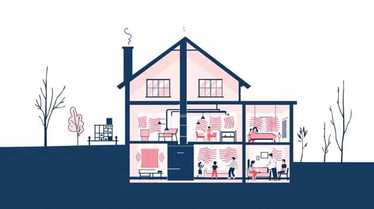 An illustration of a cross-sectioned 4-bedroom house shows heating in multiple rooms with people. Red wavy lines indicate heat distribution, powered by the best boiler system. Trees are outside, and a chimney is on the roof.
