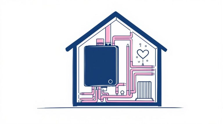 Illustration of a 1-bedroom house interior featuring the best boilers. Pink pipes extend from the boiler to a radiator and vents, forming a heart shape in the piping.