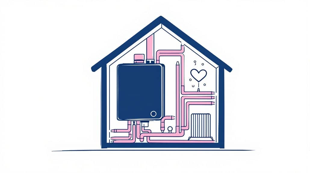 Illustration of a 1-bedroom house interior featuring the best boilers. Pink pipes extend from the boiler to a radiator and vents, forming a heart shape in the piping.