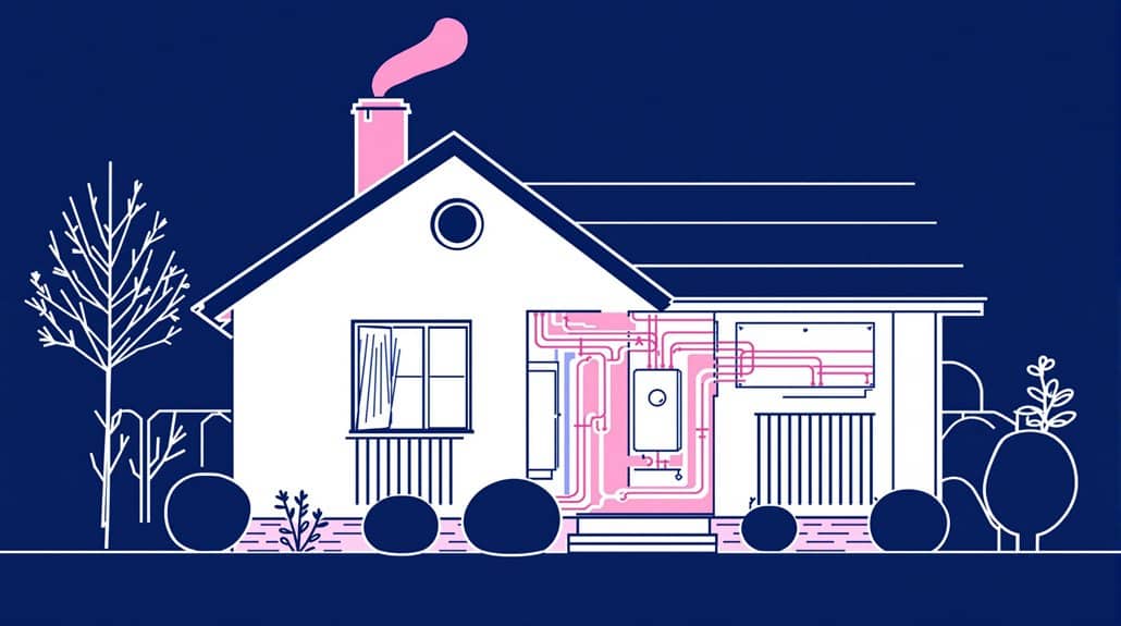 The illustration depicts a house cross-section in vibrant hues, highlighting the best boilers system with pipes and a boiler in pink. Set against a blue backdrop, trees and shrubs are visible outside, perfectly complementing the efficient heating system ideal for bungalows.