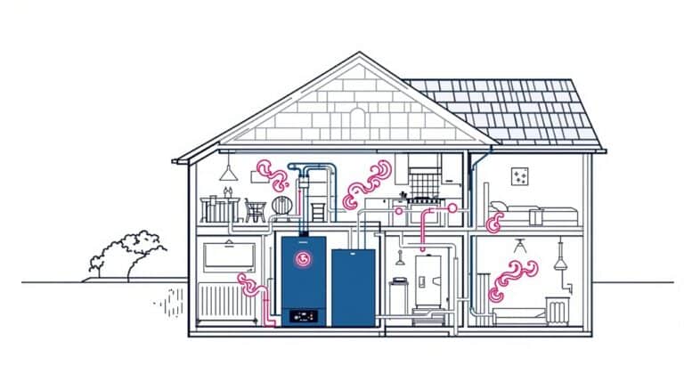 Diagram of a house interior, illustrating a heating system. Arrows indicate air flow from central units in the basement, connected to various rooms through ductwork—ideal for a 3-bedroom house with efficient boilers ensuring cozy warmth throughout.