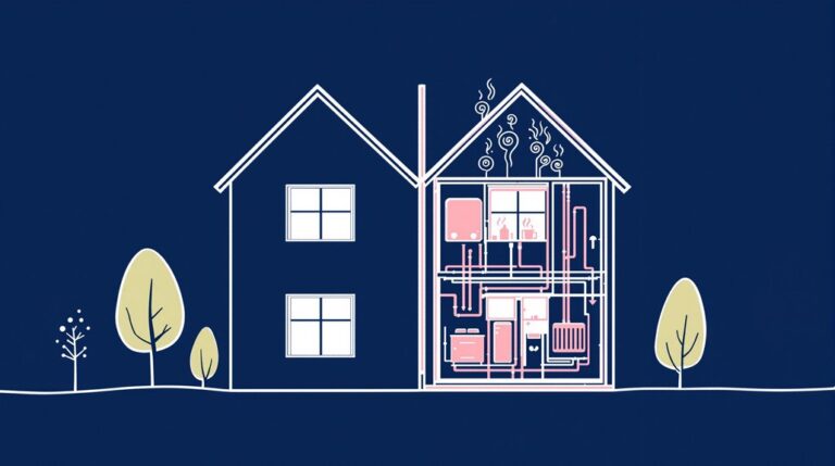 Illustration of a semi-detached house with a cutaway view showing plumbing and heating systems, including highlighted pipes and boilers. The simple background is adorned with trees and bushes.