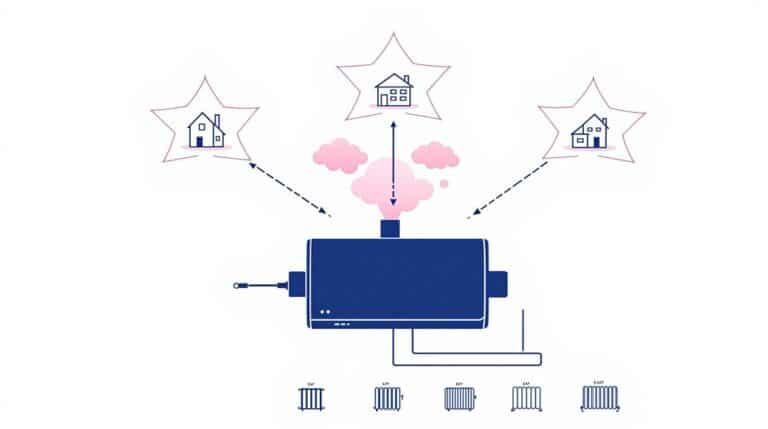 Diagram showing a central heating system with system boilers distributing heat to three houses, represented by stars. Radiators depicted below.