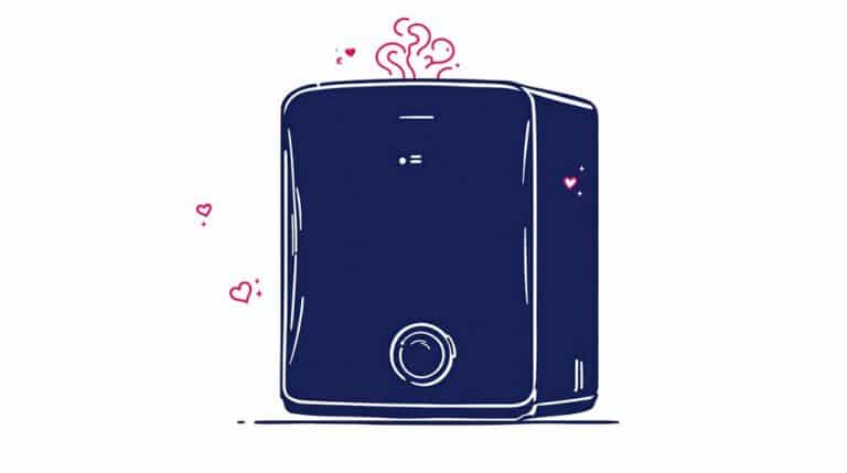 This whimsical illustration features a navy blue appliance, reminiscent of a Biasi Advance Plus or combi boiler, gently emitting steam. Pink hearts float around it against a white background, adding charm and warmth to this delightful scene.