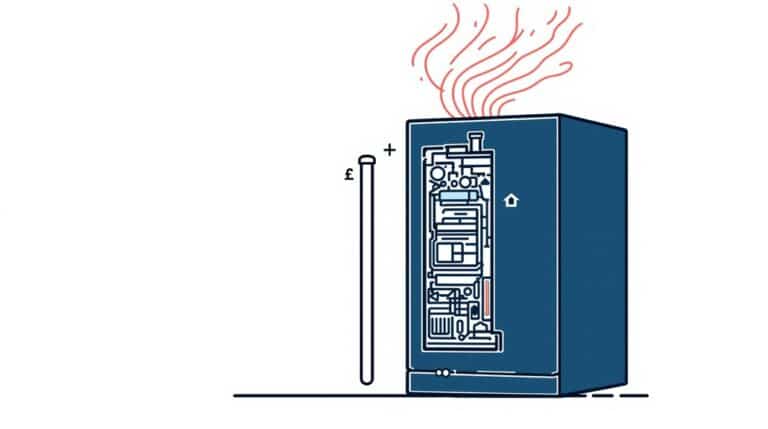 Illustration of a Biasi Inovia combi boiler emitting heat, with a detailed diagram showing its internal components beside a temperature gauge.