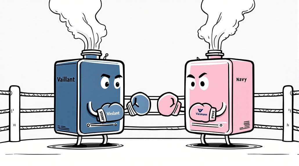 Two cartoon boilers are in a boxing ring: one blue with "Vaillant" and the other pink with "Viessmann." Both are wearing boxing gloves, dramatically releasing steam as if gearing up for the ultimate boiler showdown.