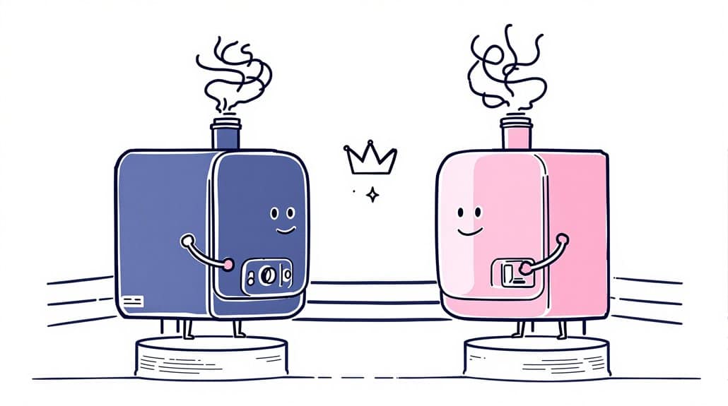 Two smiling, cartoon-style boilers—one blue and one pink—face each other on separate platforms. A crown floats between them above, reminiscent of a Worcester Bosch advertisement in a whimsical 2025 Guide.