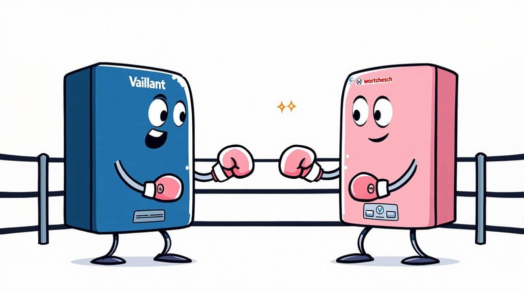 Two cartoon boilers with faces and boxing gloves stand in a boxing ring, preparing for an expert comparison. One is a blue Vaillant Boiler, the other a pink Worcester Bosch, each ready to prove their energy-efficient might.