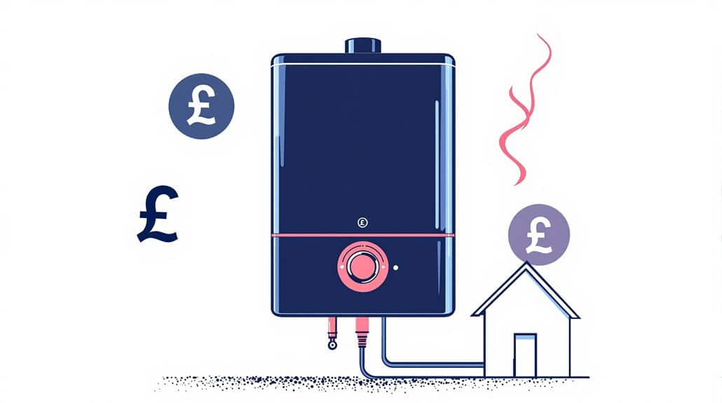 Illustration of a boiler with a red dial and pipes leading to a house. Currency symbols depicted near the boiler and house suggest energy costs, hinting at new boiler costs in the UK 2025. Wavy lines indicate heat.