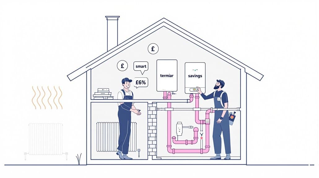 Illustration of two people in a house in Liverpool discussing a heating system. One holds a tablet displaying temperature and potential savings from a new boiler installation, while pipes and a radiator are visible.