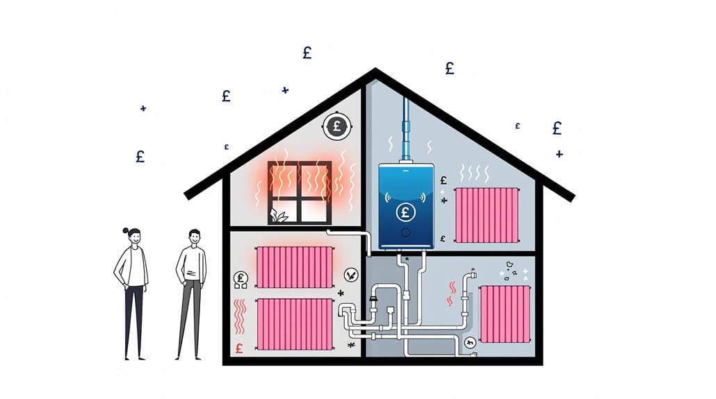 Illustration of a house interior showcasing heating and plumbing systems, with symbols indicating cost and efficiency. Two people observe from outside, inspired by money-saving tips.