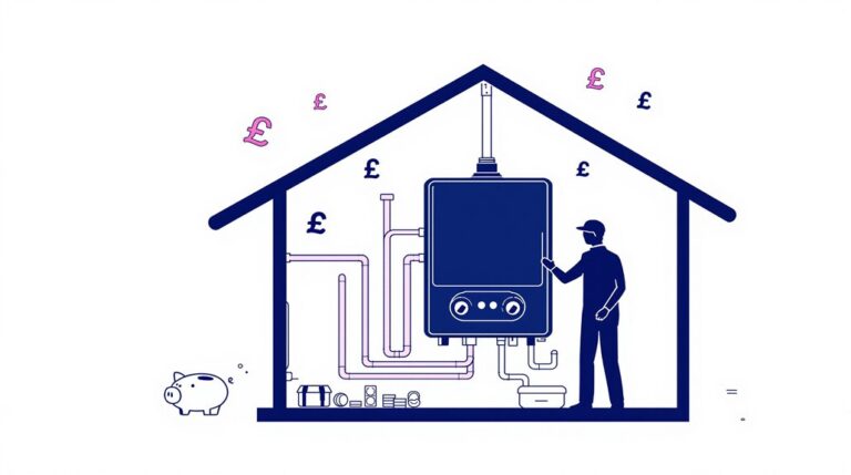 Outline of a house with a person adjusting a boiler. Pipes run through the house. British pound signs, a piggy bank, and the 2025 Price Guide symbolize financial aspects of heating with boiler installation inside.
