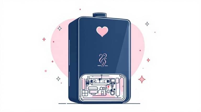Illustration of a Vogue Max Combi Boiler with a heart symbol. The lower section is cut away to reveal internal components, highlighting its design. A pink heart shape graces the background, suggesting warmth and reliability for unbeatable prices.