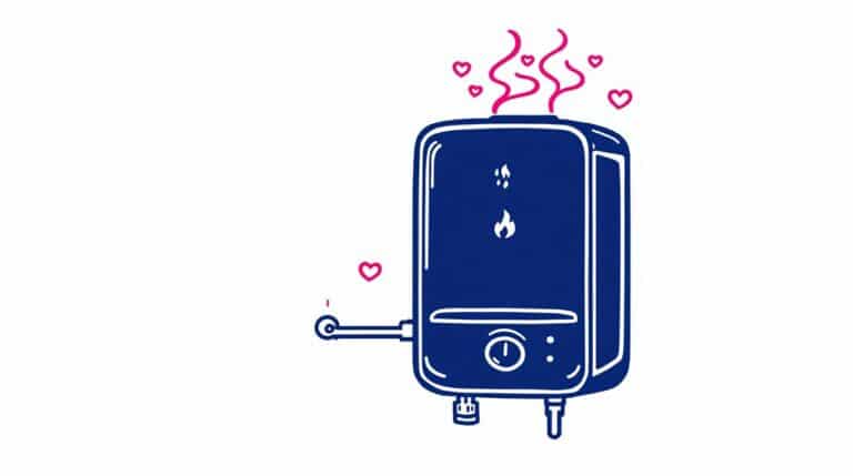 This charming illustration of a blue water heater with pink steam and hearts showcases a faucet and control knobs. It's reminiscent of the warmth found in a top-rated Logic Max Combi Boiler, blending whimsy with reliability.