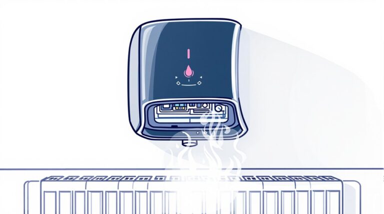 Illustration of a wall-mounted hand dryer emitting warm air, showcased above an Ariston radiator.