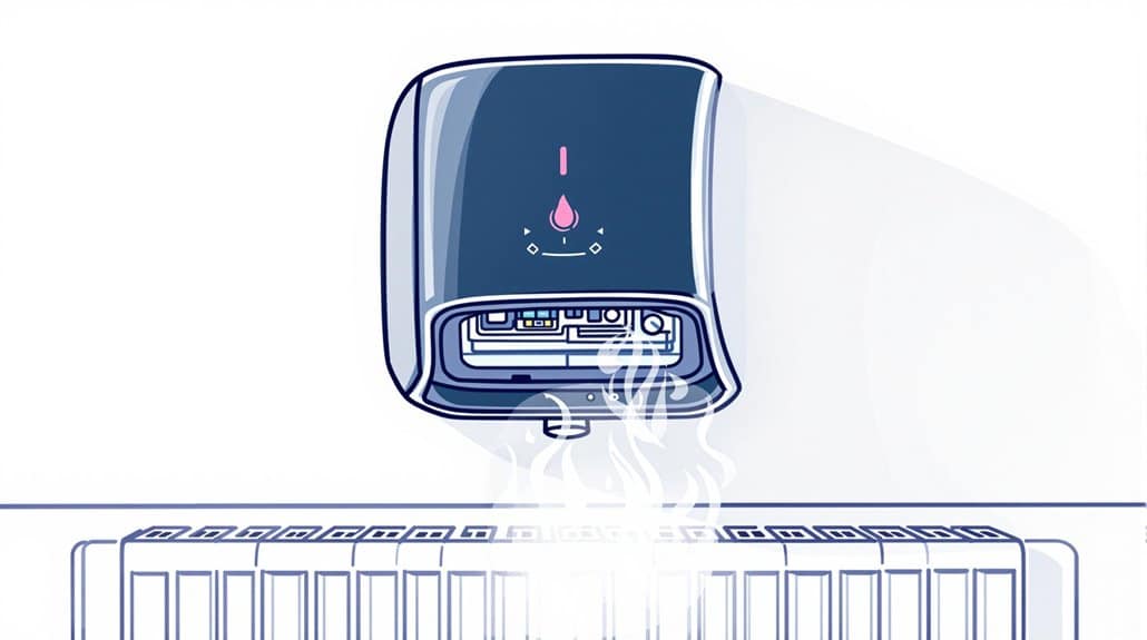 Illustration of a wall-mounted hand dryer emitting warm air, showcased above an Ariston radiator.