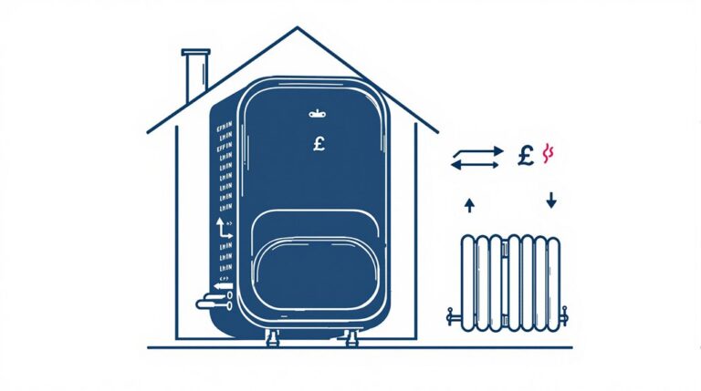 Illustration of a Potterton Gold Combi Boiler in a house with a currency symbol. Arrows indicate cost efficiency and heat transfer, highlighting energy savings and competitive prices.