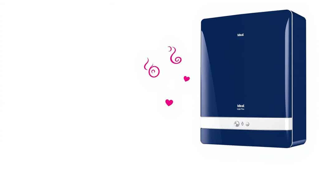 A blue wall-mounted water heater, styled like the Ideal Logic Plus, features simple control buttons on a white background. A few pink decorative elements grace the scene, adding charm to this efficient combi boiler setup.