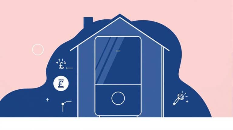 Illustration of a house outline over a Vogue Gen2 Combi Boiler, featuring symbols of money, light bulb, and tap, highlighting energy savings and efficiency.