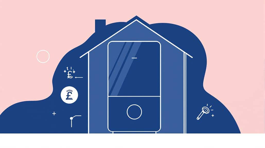 Illustration of a house outline over a Vogue Gen2 Combi Boiler, featuring symbols of money, light bulb, and tap, highlighting energy savings and efficiency.