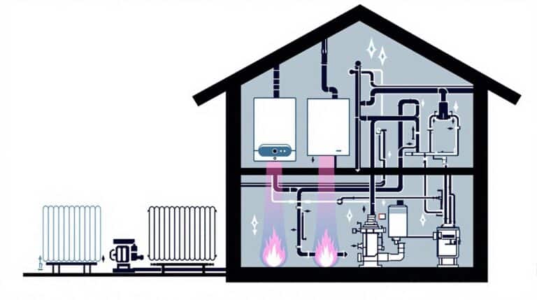 Illustration of a house showcasing a complex heating system with pipes, radiators, and a conventional boiler. Flames indicate heat generation within the system, providing a clear view of how it works efficiently.