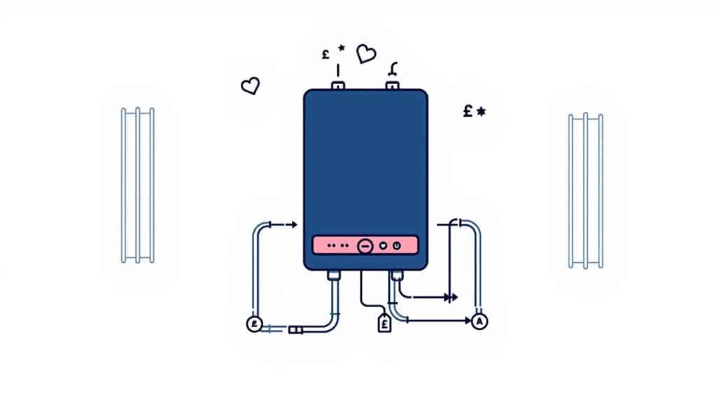 Illustration of an Eco Compact Combi Boiler, complete with various pipes and symbols like currency signs and hearts, surrounded by two radiators on either side—a visual review of efficient design meeting modern functionality.