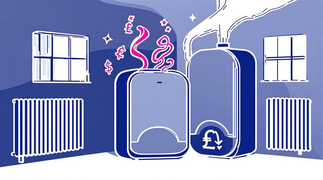 Illustration of two eco-compact dehumidifiers with currency symbols as steam, alongside radiators. A hand adjusts one, showing a downward arrow on a display with a pound sign, highlighting effective cost management amid fluctuating prices.
