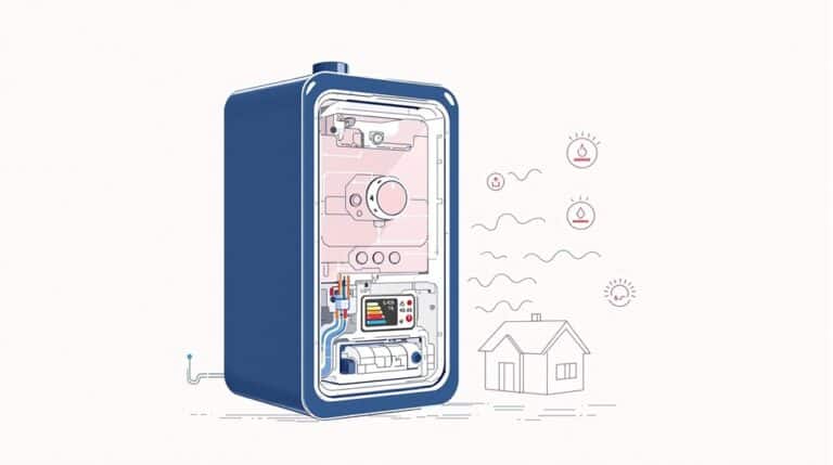 Illustration of a Ferroli BLUEHELIX HITECH RRT C combi boiler in blue with visible internal components beside a small house icon and temperature symbols, indicating heating and energy flow.