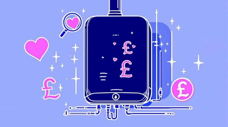 Illustration of a combi boiler with British pound symbols. Surrounding icons include a heart, a magnifying glass with a heart, sparkles, and pound symbols on a blue background, perfect for those pondering their next Ferroli I25 purchase or writing their latest review.