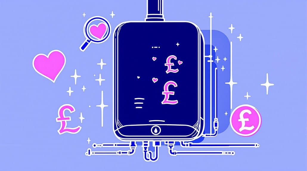 Illustration of a combi boiler with British pound symbols. Surrounding icons include a heart, a magnifying glass with a heart, sparkles, and pound symbols on a blue background, perfect for those pondering their next Ferroli I25 purchase or writing their latest review.