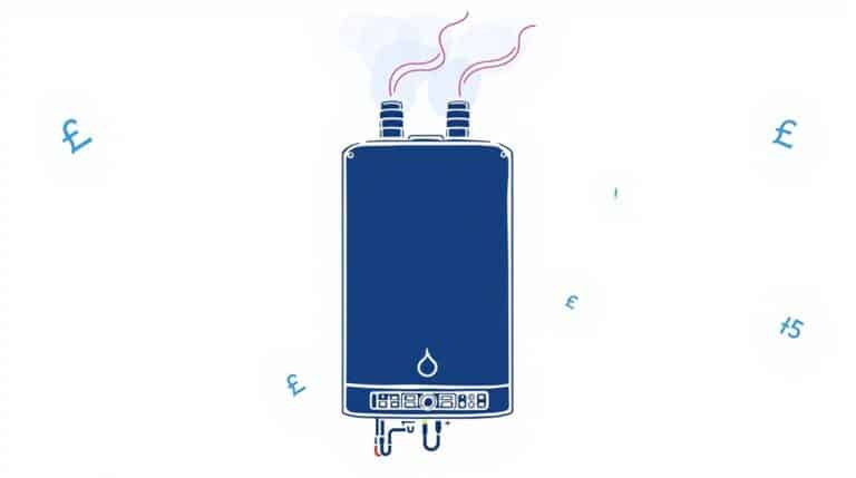 Illustration of a combi boiler with steam emitting from pipes, surrounded by various currency symbols, suggesting costs or savings related to heating. Perfect for those considering the Ferroli I29 and looking for an insightful review on energy efficiency and potential savings.