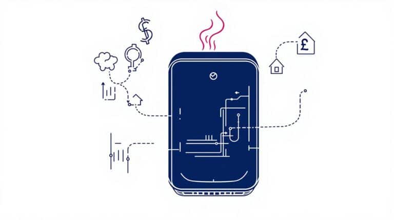 Illustration of a smartphone with circuit patterns, surrounded by icons depicting currency symbols, data, housing, and cloud storage. Steam-like lines rise from the top of the phone, reminiscent of feedback from a Ferroli Modena model in a combi boiler review.