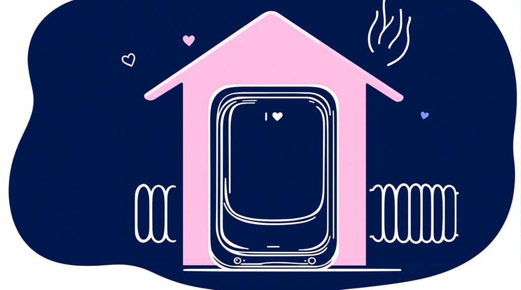 Illustration of a pink house with a heart-eyed face inside, surrounded by small hearts and lines, reflecting the warmth you feel after reading glowing reviews and prices of a new Glow Worm Betacom4 combi boiler.