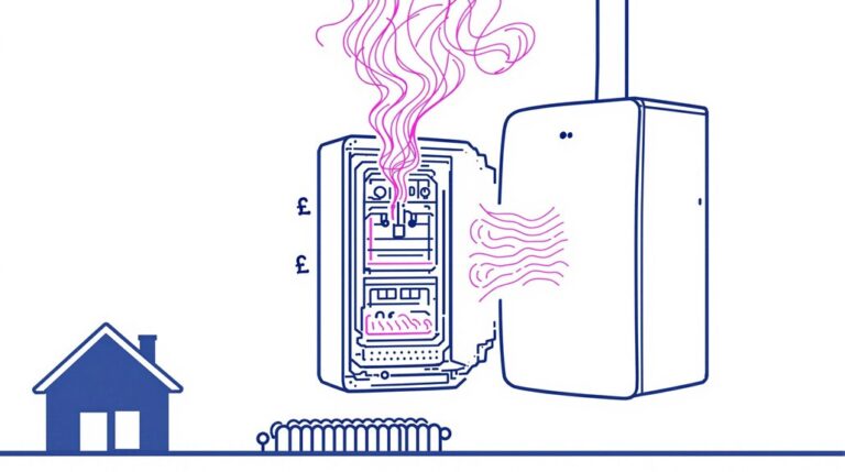 Illustration of a smoking electrical panel with a house and radiator icon, highlighting potential heating issues. Consider reviewing the efficient Keston C30 Combi Boiler as an alternative, especially with current prices.
