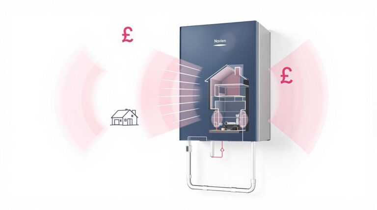 A sleek illustration of a modern combi boiler, featuring digital graphics of a house and currency symbols, highlights energy efficiency and cost savings. With the Navien NCB300 at its core, this depiction captures the essence of reliability, warranting stellar reviews and competitive prices.