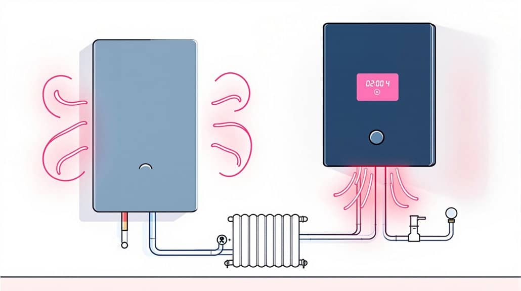 Illustration of two connected devices with tubes, reminiscent of a Navien NCB700 combi boiler, one showing a digital display reading "02:04." Red waves suggest heat or flow around the devices.
