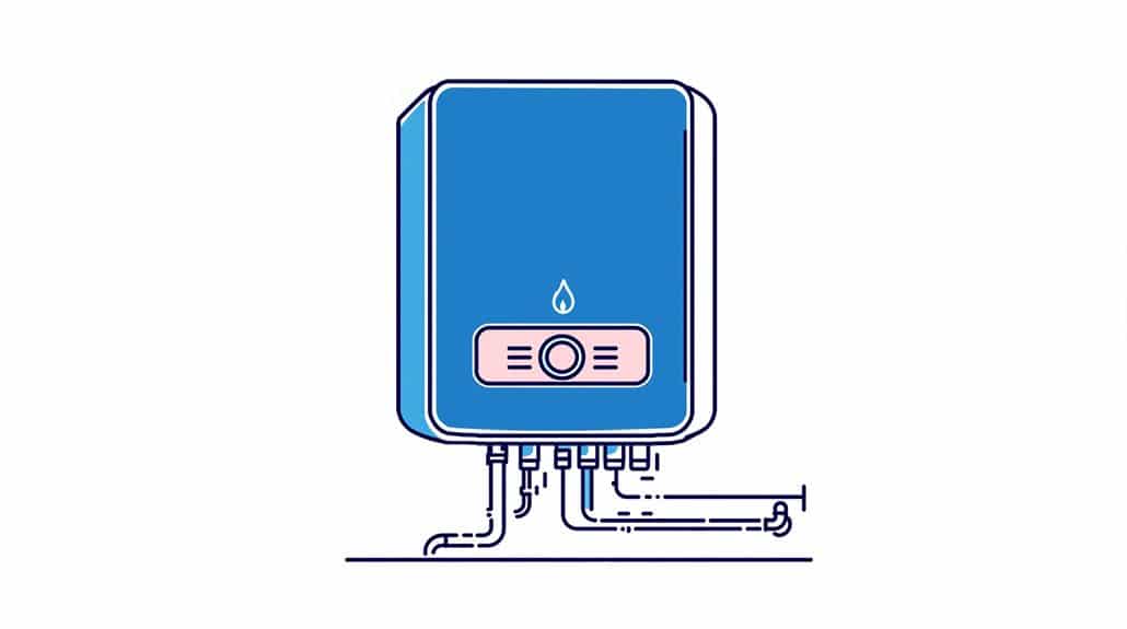 Illustration of a blue Navien NCB-H Series tankless water heater with multiple pipes connecting at the bottom, featuring a small flame symbol on the front. This combi boiler offers efficient heating solutions perfect for modern homes.