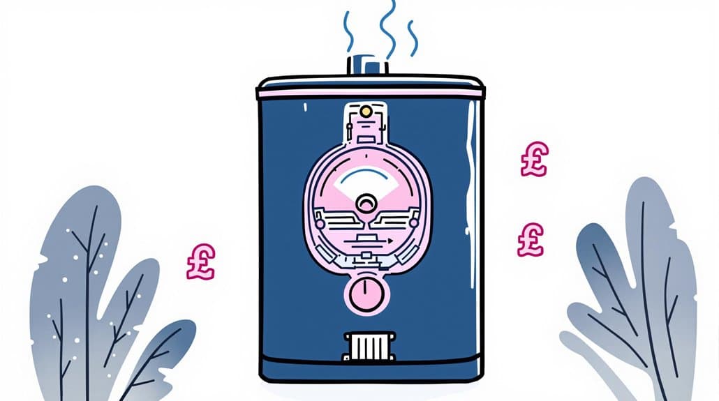 Illustration of a combi boiler with a gauge, emitting steam. Pink currency symbols surround it, hinting at the efficient savings associated with the Ravenheat CS90. Two stylized plants are on each side, adding a touch of elegance to the scene.