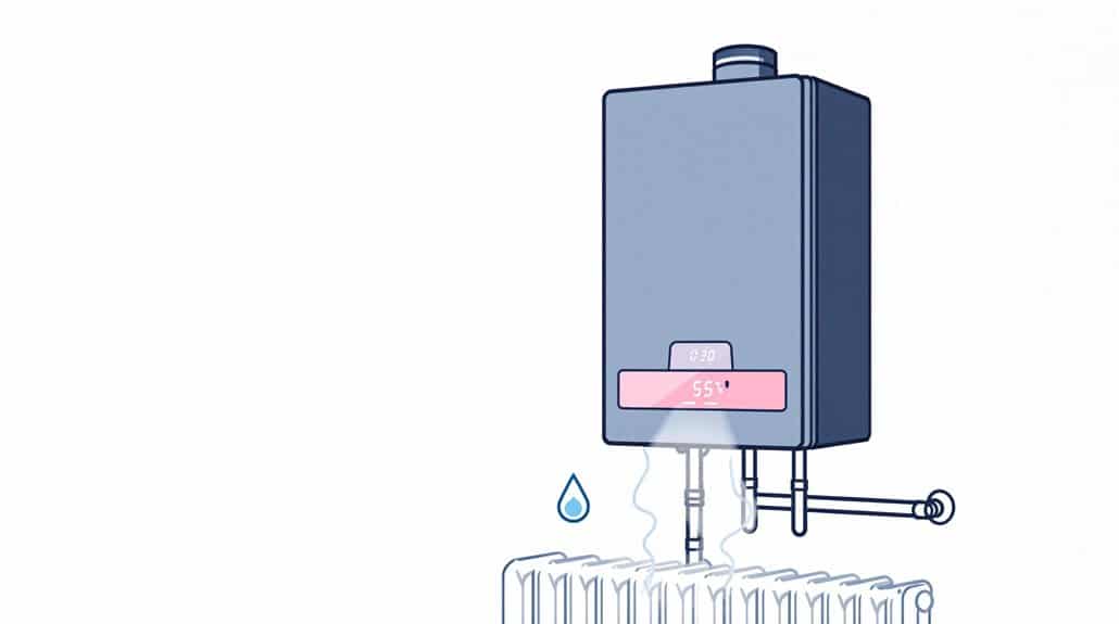 Illustration of a Ravenheat combi boiler mounted on a wall above a radiator, with a small droplet below. The display shows a temperature of 55 degrees.