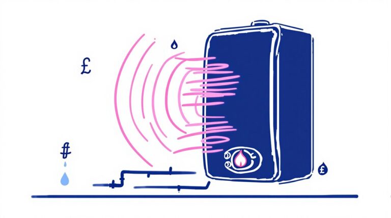 Illustration of a combi boiler emitting pink waves to depict sound levels, accompanied by currency symbols and a droplet, symbolizing cost and water usage. Featuring the Ravenheat HE80 model for review and prices.