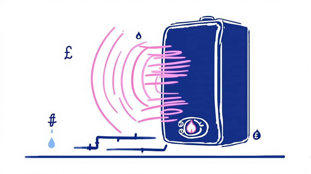 Illustration of a combi boiler emitting pink waves to depict sound levels, accompanied by currency symbols and a droplet, symbolizing cost and water usage. Featuring the Ravenheat HE80 model for review and prices.